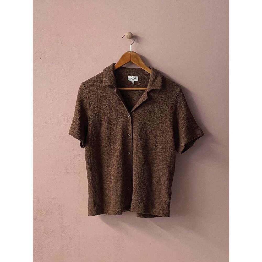 Seed Heritage 100% Cotton Brown Button-Up Short Sleeve Knit Shirt Size XS